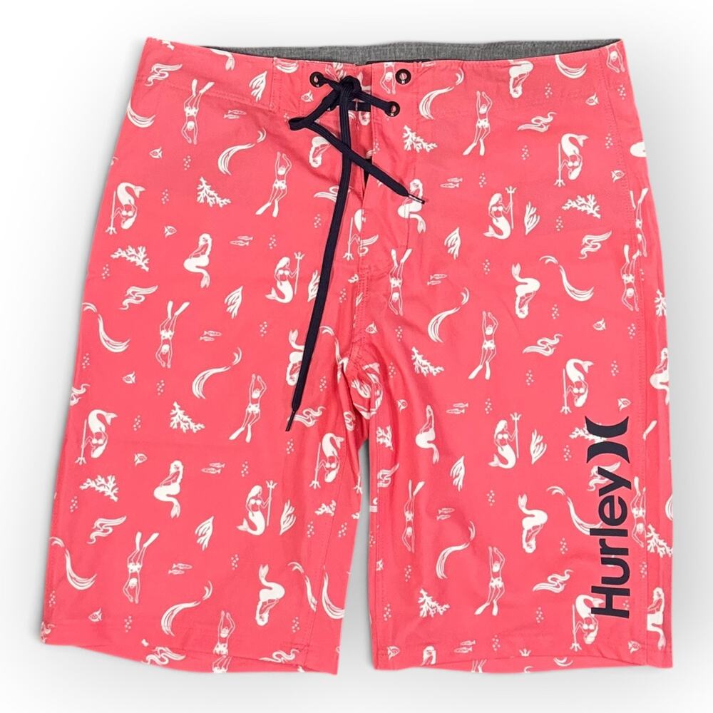 Hurley Salmon Pink With Mirmaid Mens Board Shorts Front Tie Waist 28"